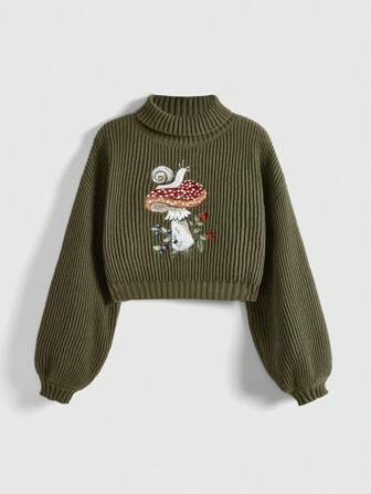 Fairycore Mushroom Embroidery Turtleneck Lantern Sleeve Sweater,Long Sleeve Tops