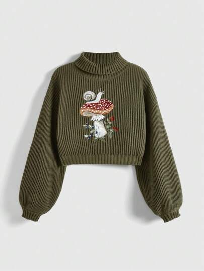 Fairycore Pull à col roulé, manches bouffantes, avec broderie de champignon. Top à manches longues