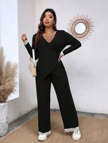 Calvaya Plus Contrast Lace Asymmetrical Hem Tee & Pants - Black - View 3