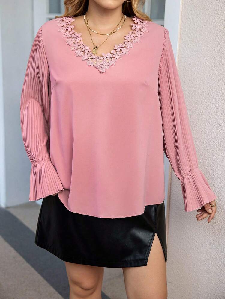 Plus Guipure Lace Insert Pleated Flare Sleeve Blouse