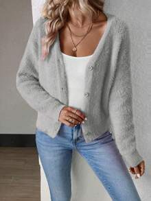 SHEIN Essnce 素色前紐扣毛茸茸開襟衫 - 灰色 - 查看 6