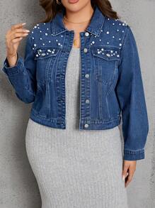 SHEIN LUNE Plus Pearls Beaded Flap Pocket Denim Jacket - Dark Wash - View 1