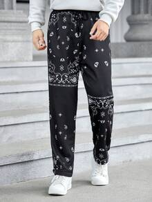 GENTILAND 男士佩斯利印花鬆緊腰抽繩慢跑褲 - 黑色 - 查看 3