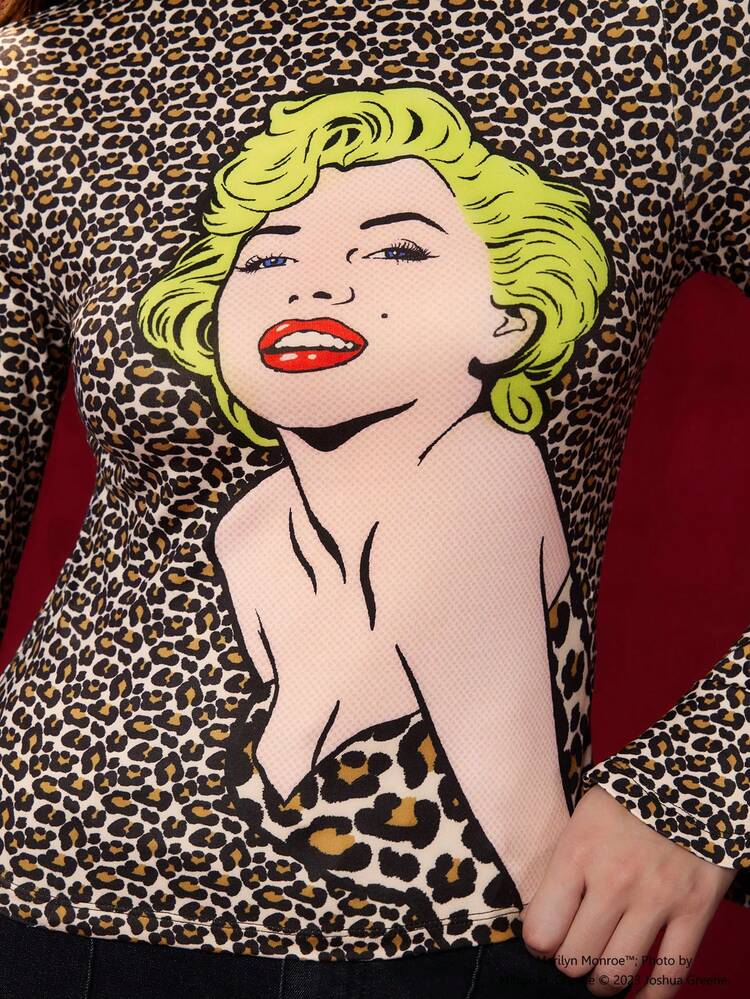 Marilyn Monroe X SHEIN Camiseta De Cuello Simulado Con Gráfico De Leopardo Y Figura - Caqui - Añade 5