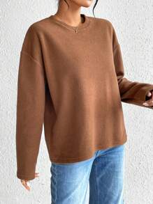 SHEIN Essnce 女款抓絨長袖落肩 T 卹 - 棕色 - 查看 4