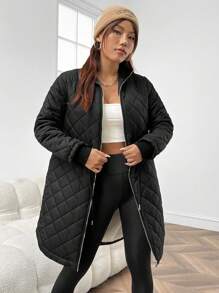 SHEIN EZwear Drawstring Waist Zip Up Curved Hem Quilted Coat - Black - View 6