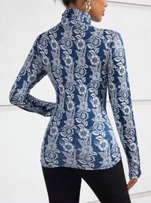 SHEIN Frenchy In hoa Cổ cao Áo thun - Màu xanh lam - Xem 2