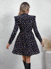 SHEIN LUNE Ditsy Floral Print Tie Neck Ruffle Trim Dress - Royal Blue - View 2