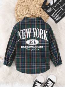 SHEIN 小男孩休閒街頭風格運動綠色格子圖案印花寬鬆落肩長袖翻領襯衫，背部有 Nyc 印花秋冬 - 彩色 - 查看 1
