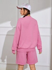 SHEIN EZwear 字母圖案落肩袖運動衫和短褲 - 粉色 - 查看 3
