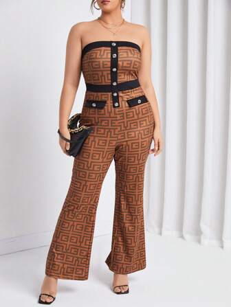 SHEIN Privé 大碼滿版印花前紐扣抹胸連體褲