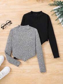 SHEIN Cô gái Tween 2 Miếng Cổ giả Viền khăn tay Ren Mộc nhĩ Áo thun - Nhiều màu - Xem 1