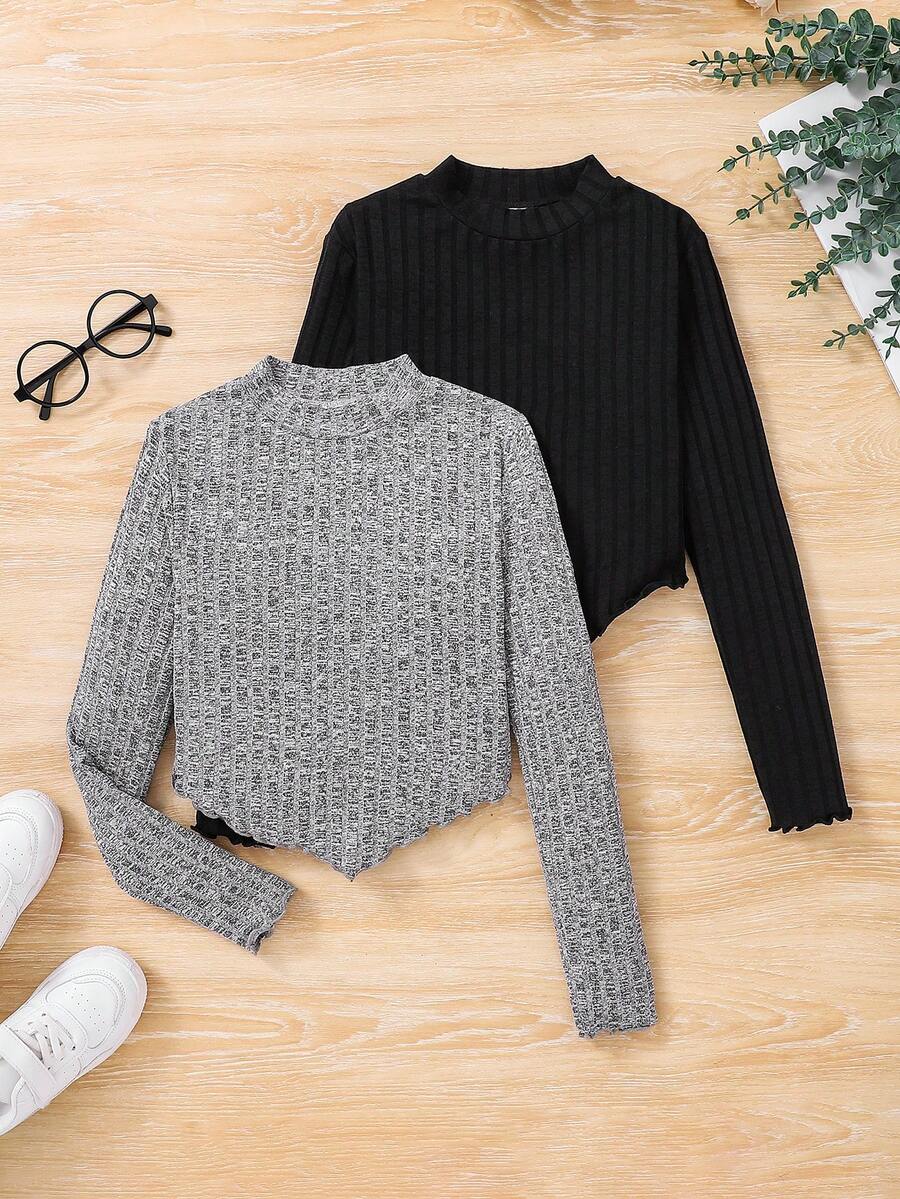 SHEIN Cô gái Tween 2 Miếng Cổ giả Viền khăn tay Ren Mộc nhĩ Áo thun - Nhiều màu - Xem 1