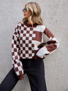 GENKIRA Suéter de punto con hombros caídos y estampado de cuadros para otoño e invierno - Multicolor - Ver 5