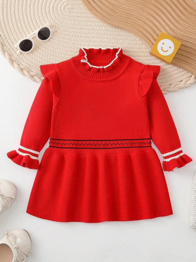 Baby Girl Stripe Pattern Ruffle Trim Flounce Sleeve Sweater Dress