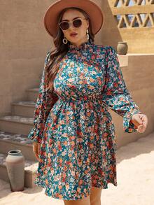 SHEIN VCAY Hơn Vải in hoa tay áo lá sen Đầm - Nhiều màu - Xem 3