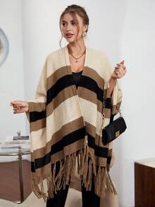 SHEIN Privé 撞色流蘇下擺斗篷袖開襟衫 - 彩色 - 查看 6