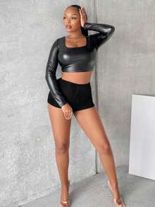 SHEIN SXY 纯色弹力条纹迷你短裤新年女士性感夜店 - 黑色 - 查看 7