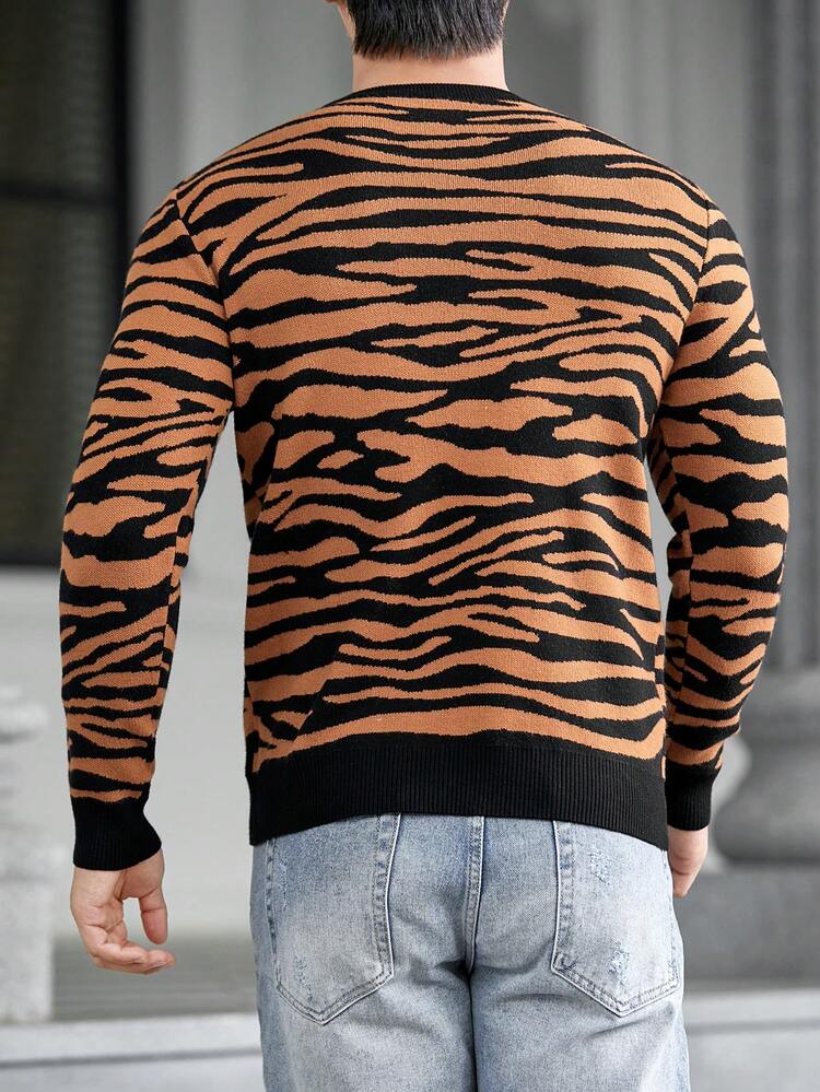 Men's Zebra Patterned Round Neck Long Sleeve Sweater