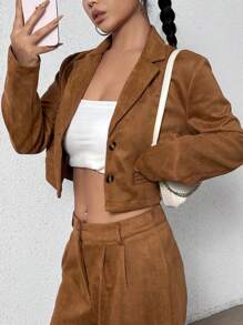 SHEIN Unity 西裝領短版西裝和褲子 - 棕色 - 查看 3