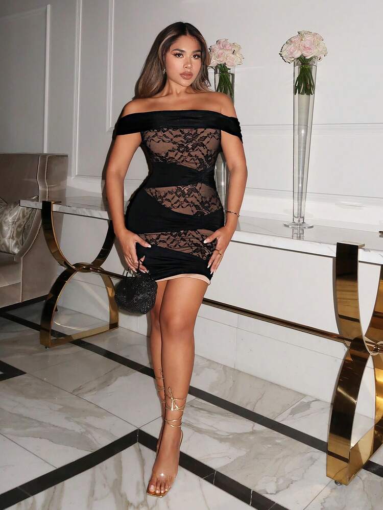 Women'S Asymmetric Fold Over Off-Shoulder Mesh Long Sleeve Bodycon Dress With Pleats	
Dinner Dress
Elegant Party
Lace Dress
Sexy Lace
Color Contrast
Evening Dress
Party Dress                                Holiday Party Dress                   Tea Party Dress                           Pretty Party