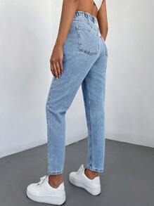 SHEIN Cottnline Straight Leg High Waisted Denim Pants - Light Wash - View 2