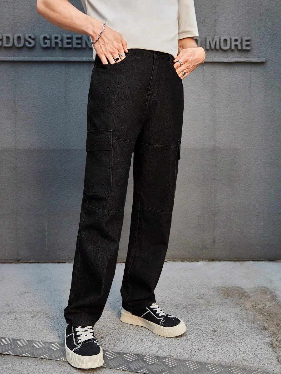 GENTILAND 宽松男式翻盖口袋侧边工装牛仔裤 - 黑色 - 查看 1