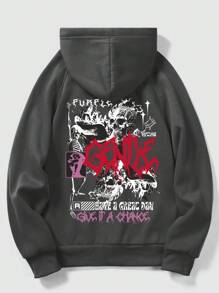 ROMWE MEN Grunge Punk 男士字母印花拉脫蓬袖連帽長袖運動衫 - 深灰色 - 查看 1