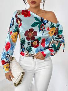 SHEIN Clasi Blusa con estampado floral de cuello asimétrico con nudo lateral - Azul - Ver 4