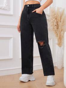 SHEIN Privé Rách Quần legging thẳng - màu đen - Xem 5