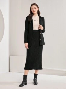 Seusyu Damen Farbblock Strickjacke und Rock Set 2-teiliges Set - Schwarz - Übersicht 2