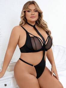 Plus Size Hollow Out Sexy Lingerie Set Mesh Underwire - Black - View 3