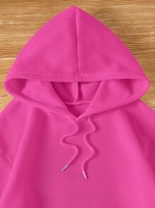 INAWLY 袋鼠口袋抽绳保暖内衬连帽衫，长袖上衣 - 玫紅色 - 查看 3