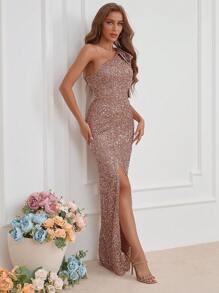 Vestido Largo De Fiesta Con Abertura Lateral Y Una Sola Manga - Rosa vieja - Ver 3