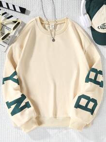 SHEIN Tween Girl Slogan Graphic Drop Shoulder Pullover - Khaki - View 2