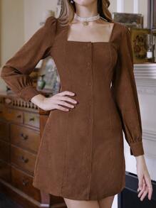 Sweetra Cổ vuông Nút Thông qua Vải to sợi Đầm - Cà phê - Xem 5