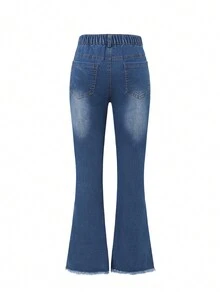 SHEIN Explorewe Chica preadolescente Jeans de pierna amplia desgarro ribete sin dobladillo - Azul lavado medio - Ver 2