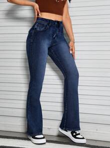 SHEIN PETITE Embroidery Detail Flare Leg Jeans - Blue - View 4