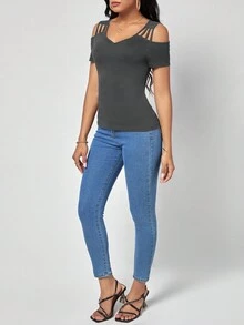 SHEIN Clasi Chất rắn Cắt ra Vai lạnh Áo thun - Xám - Xem 7