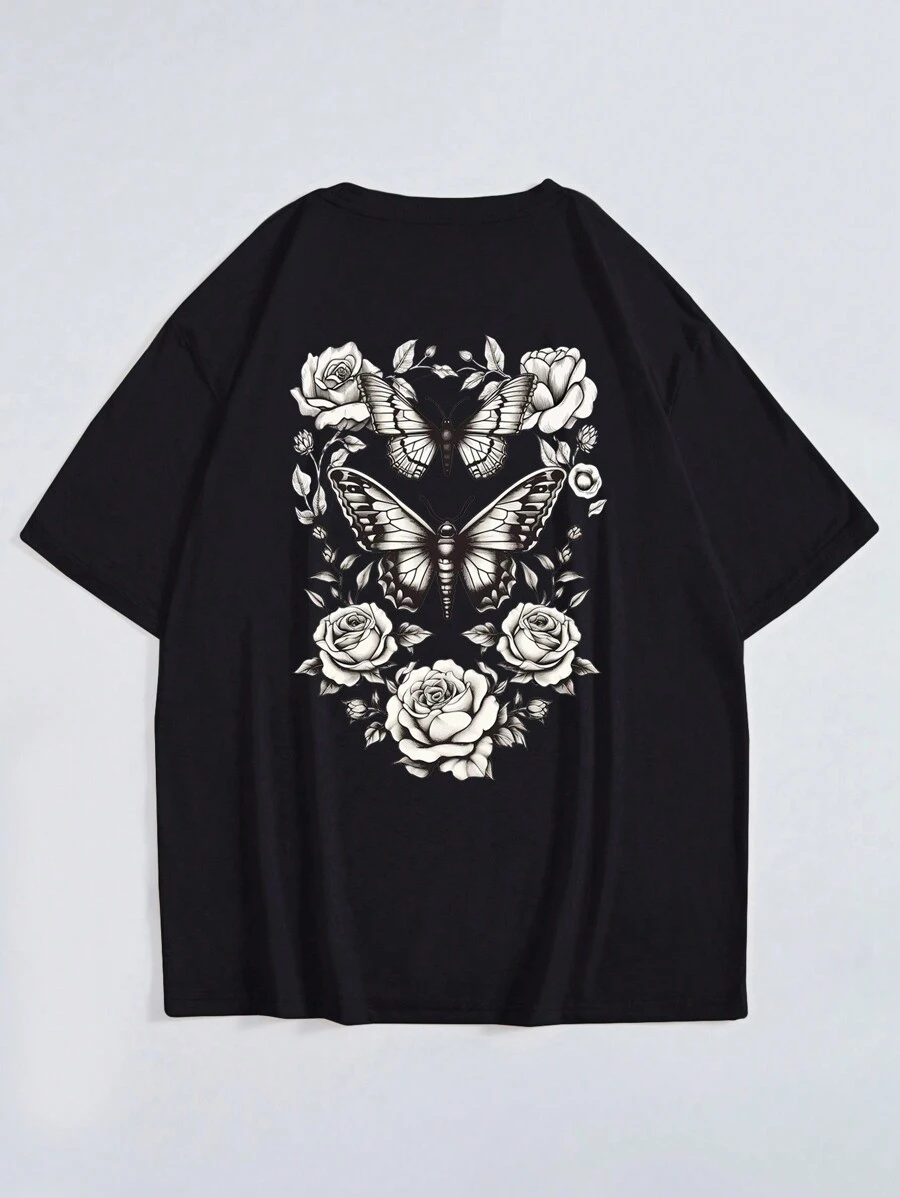 Nam Bướm & hoa in Áo thun - màu đen - Xem 1