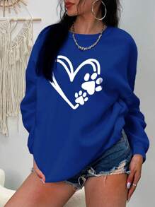 SHEIN EZwear Hơn Tim & In nét mỏng Thả vai Áo nỉ - Xanh đậm - Xem 3