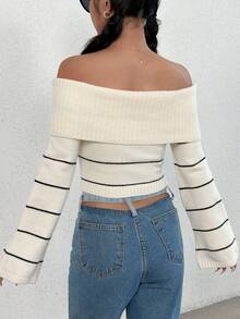 SHEIN Unity 条纹露肩短款针织套头衫秋冬毛衣 - 彩色 - 查看 2