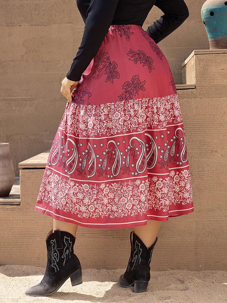 Plus Paisley Print Ruffle Hem Skirt