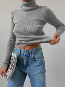 SHEIN Cottnline High Neck Ribbed Knit Sweater - Light Grey - View 4