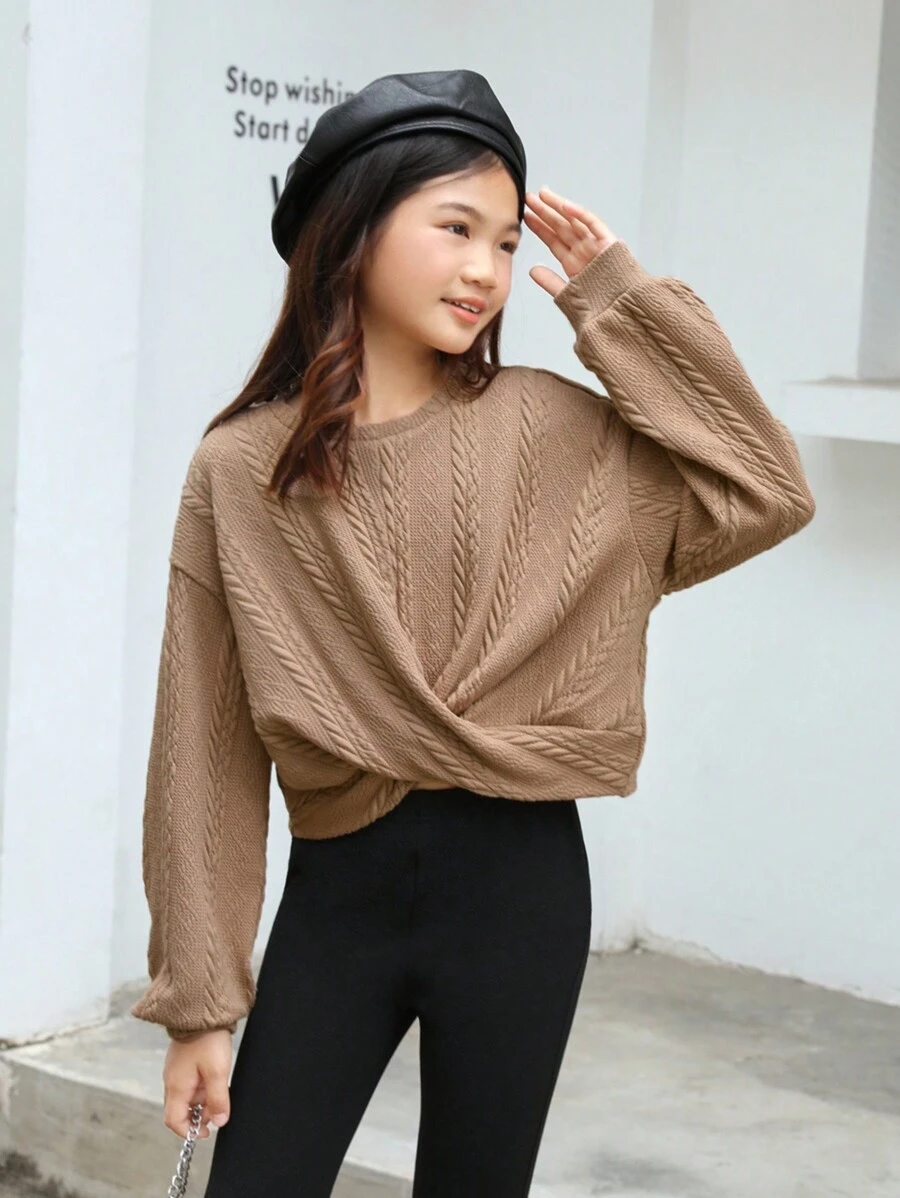 SHEIN Tween Girl Loose College Front Cross Design Round Neck Pullover Long Sleeve Solid Color Sweatshirt - Khaki - View 1
