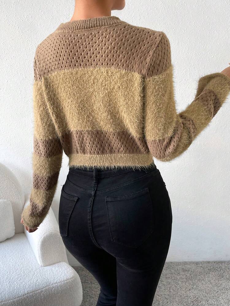 Two Tone Fuzzy Panel Pointelle Knit Crop Knit Pullover Fall Winter Sweater