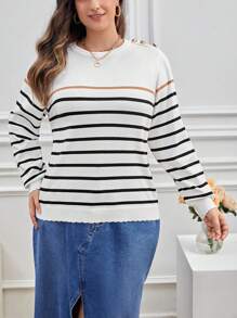 SHEIN Essnce Hơn Mẫu sọc Chi tiết Nút Áo len - Nhiều màu - Xem 4