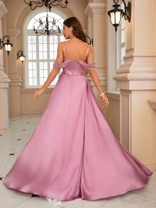 Cold Shoulder Split Thigh Satin Formal Dress - Pink - View 3