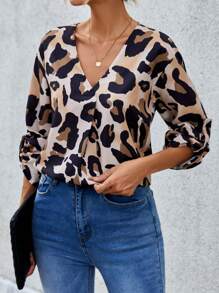 SHEIN LUNE Leopard Print Roll Tab Sleeve Blouse - Multicolor - View 1