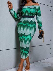 Maweii Plus Allover Print Off Shoulder Bodycon Dress Without Belt - Multicolor - View 3